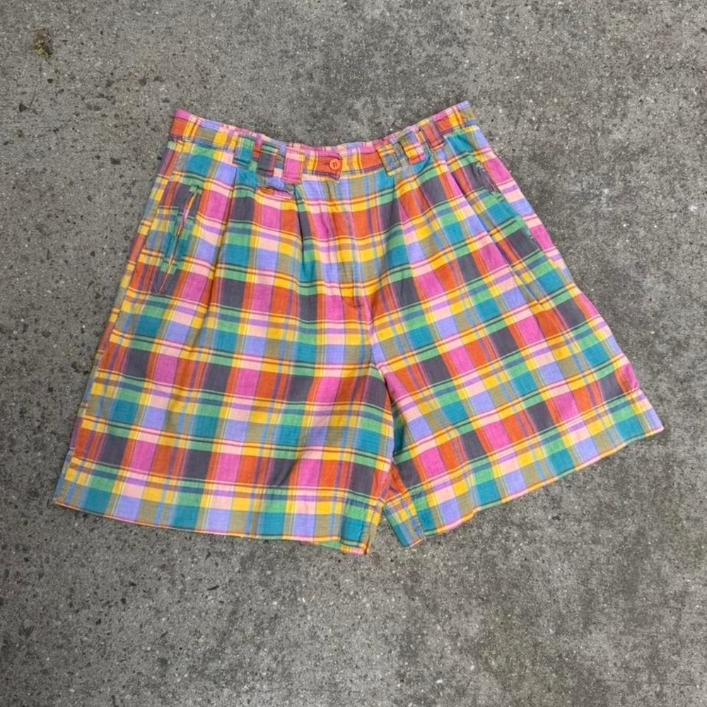 Vintage 90s Plaid Shorts Women's Size 14 Karen Scott Rainbow Pastel Retro Pride